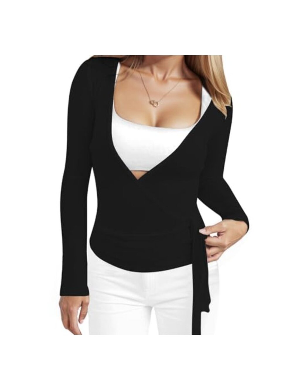 Women's Long Sleeve Cross Wrap Tie Front Top Deep V Neck Workout Yoga Shirt
